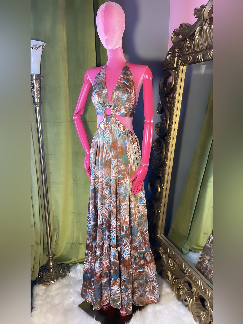 Luxe Brown & Blue Palm-Print Halter Maxi Dress